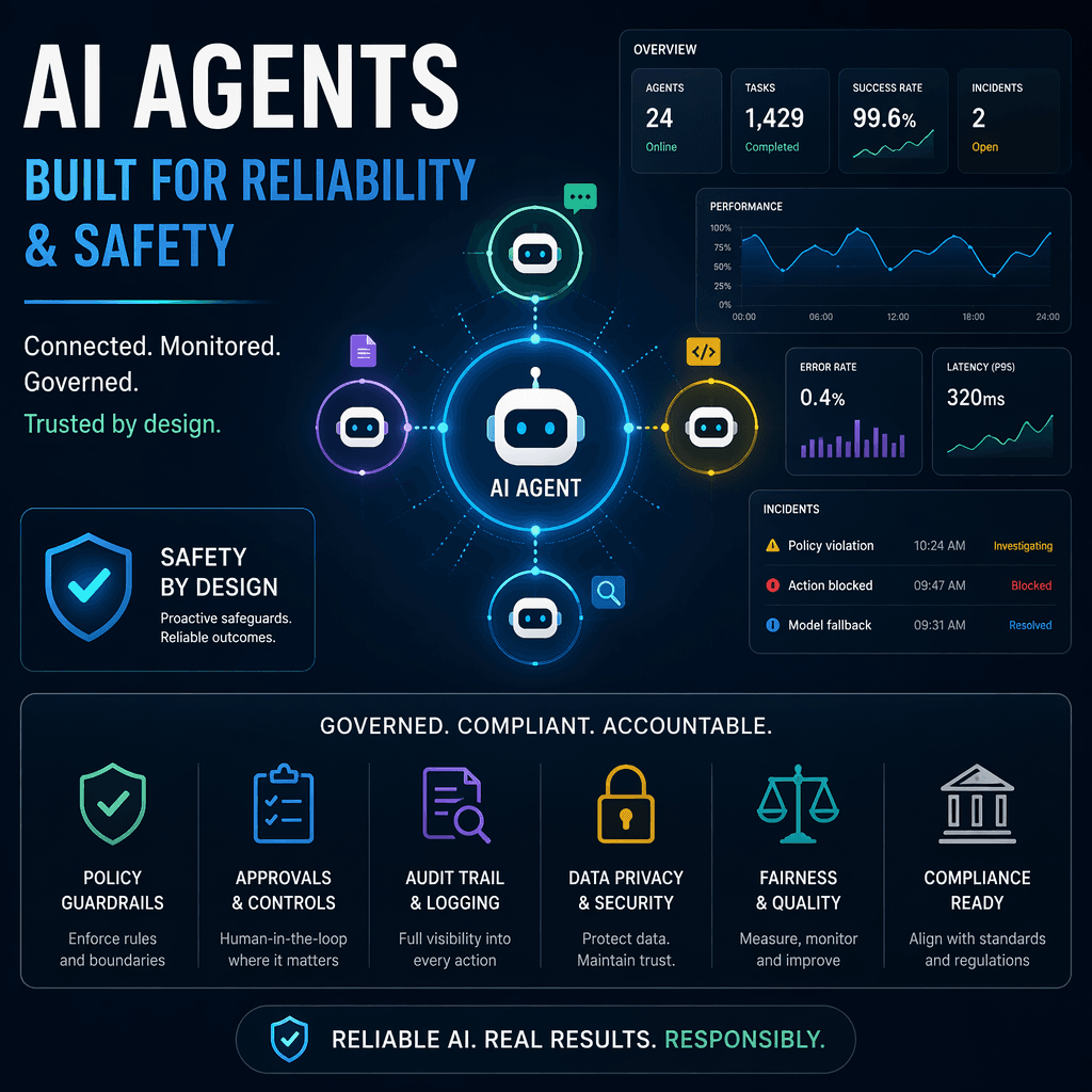 Illustration of AI agents with monitoring dashboards and governance icons