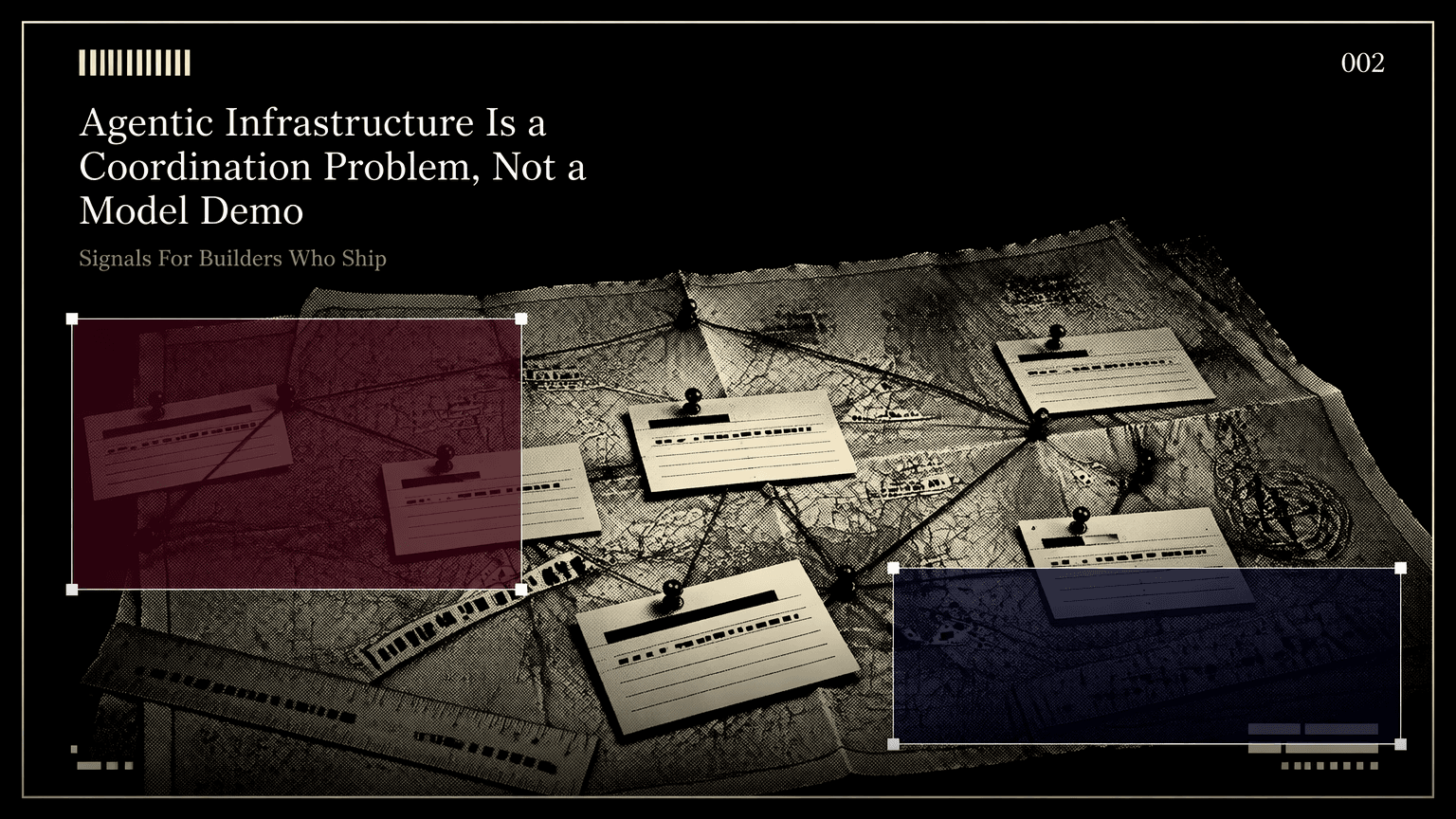 Engineering map with pinned index cards showing siloed systems being reconciled by agents