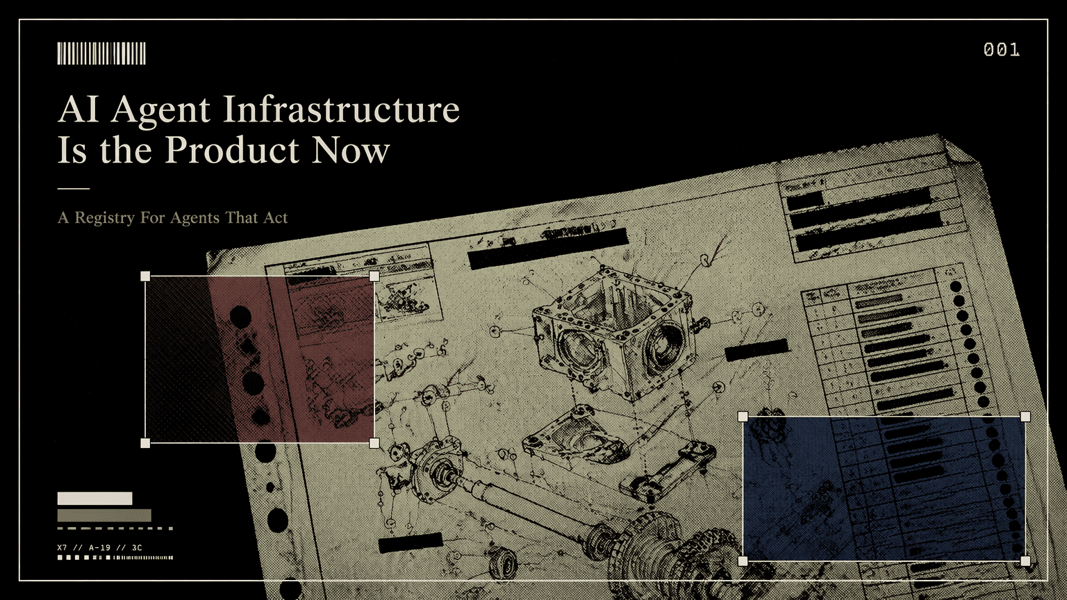 A marked factory assembly instruction sheet representing layered AI agent infrastructure