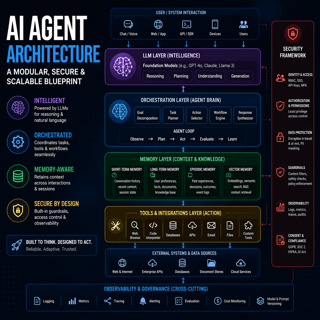 Illustration of AI agent architecture with labeled components