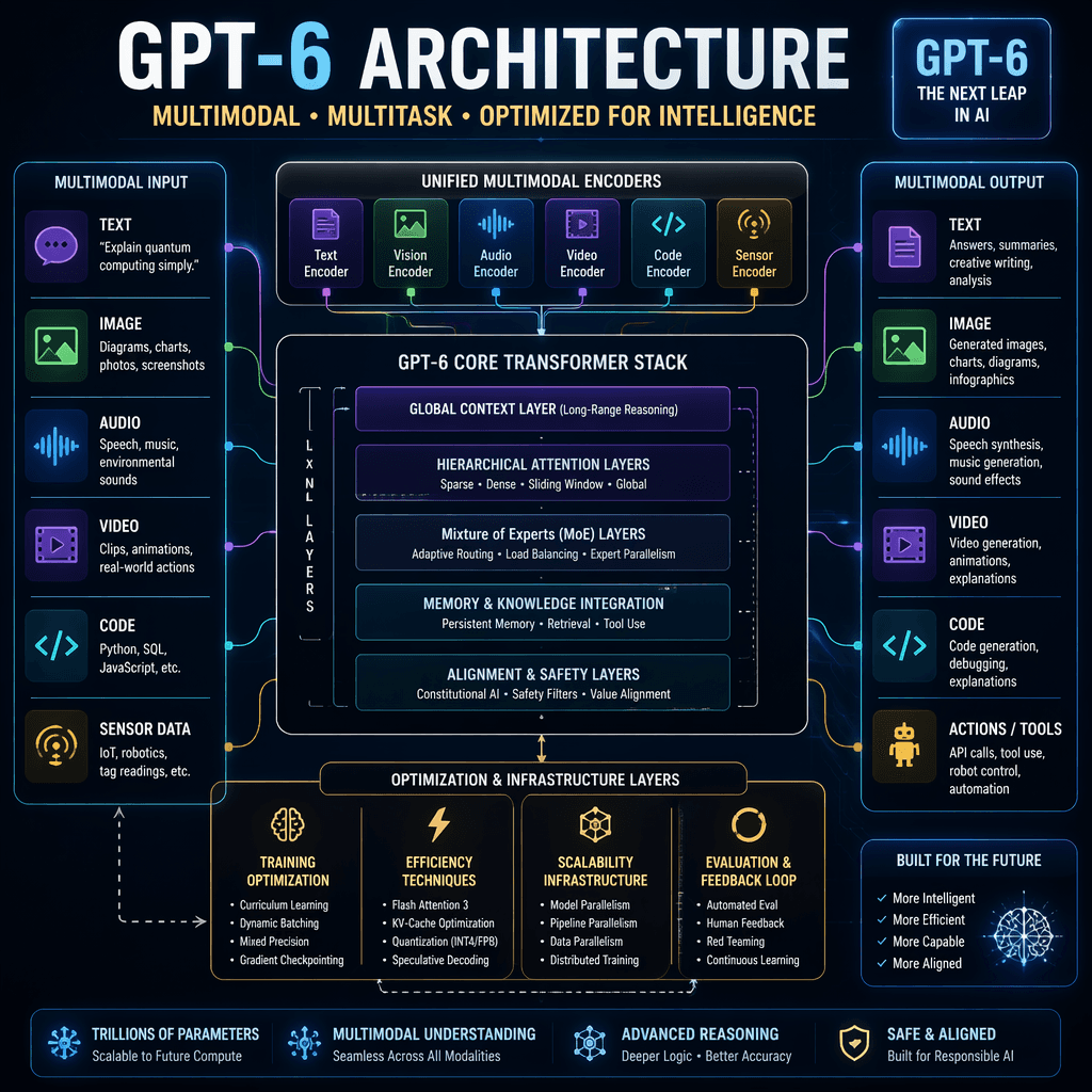 Illustration of GPT-6 architecture with multimodal inputs and outputs