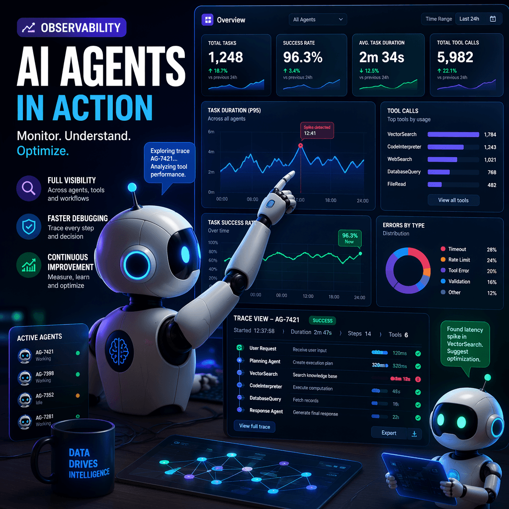 Illustration of AI agents with observability tools and metrics