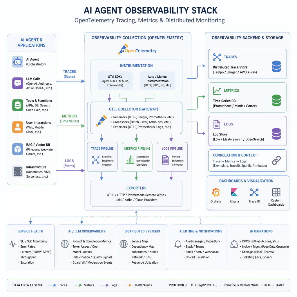 Architecture diagram for AI agent observability stack