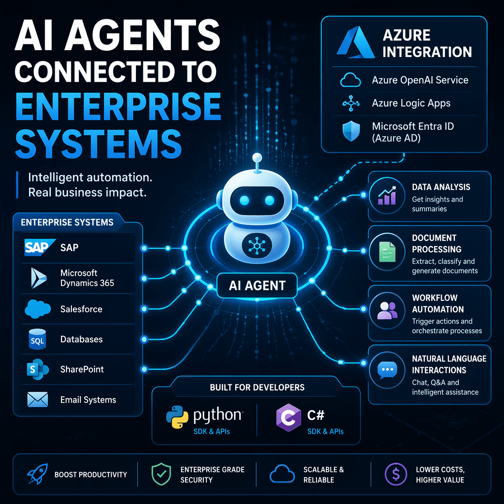 Illustration of AI agents interacting with enterprise systems