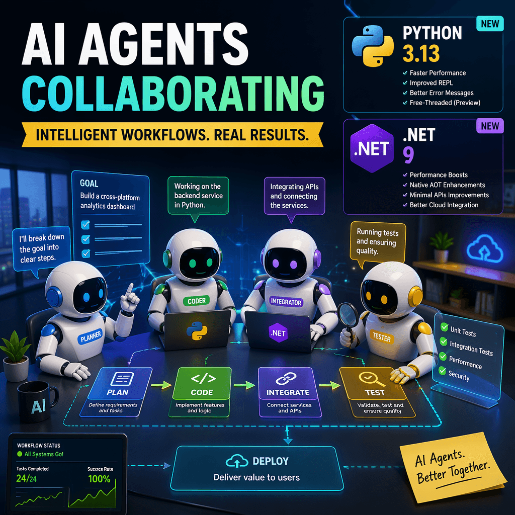 Illustration of AI agents interacting in a multi-agent workflow