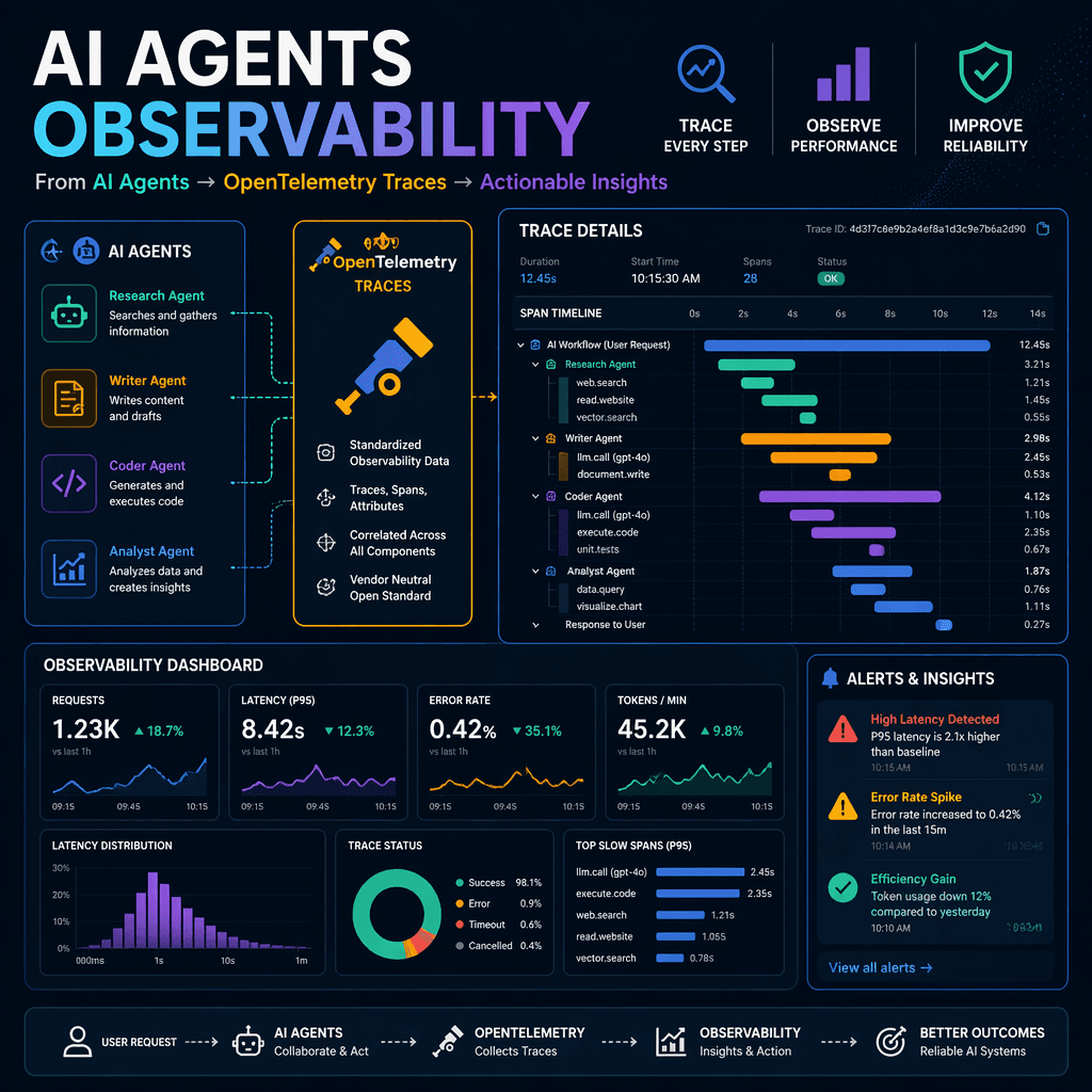 Illustration of AI agents interacting with OpenTelemetry traces